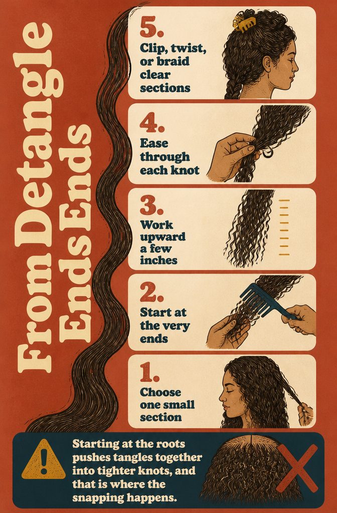 Comb working upward through a small section of curly hair