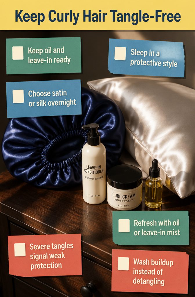 Satin bonnet beside a silk pillowcase for curly hair