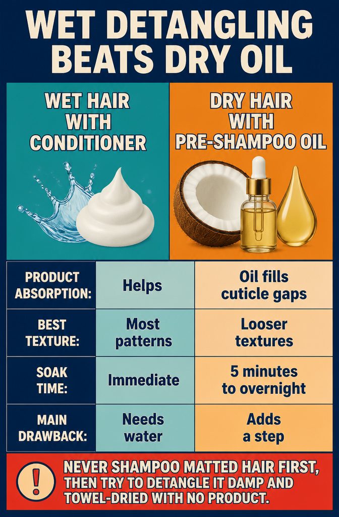 Wet curly hair coated in conditioner beside a spray bottle