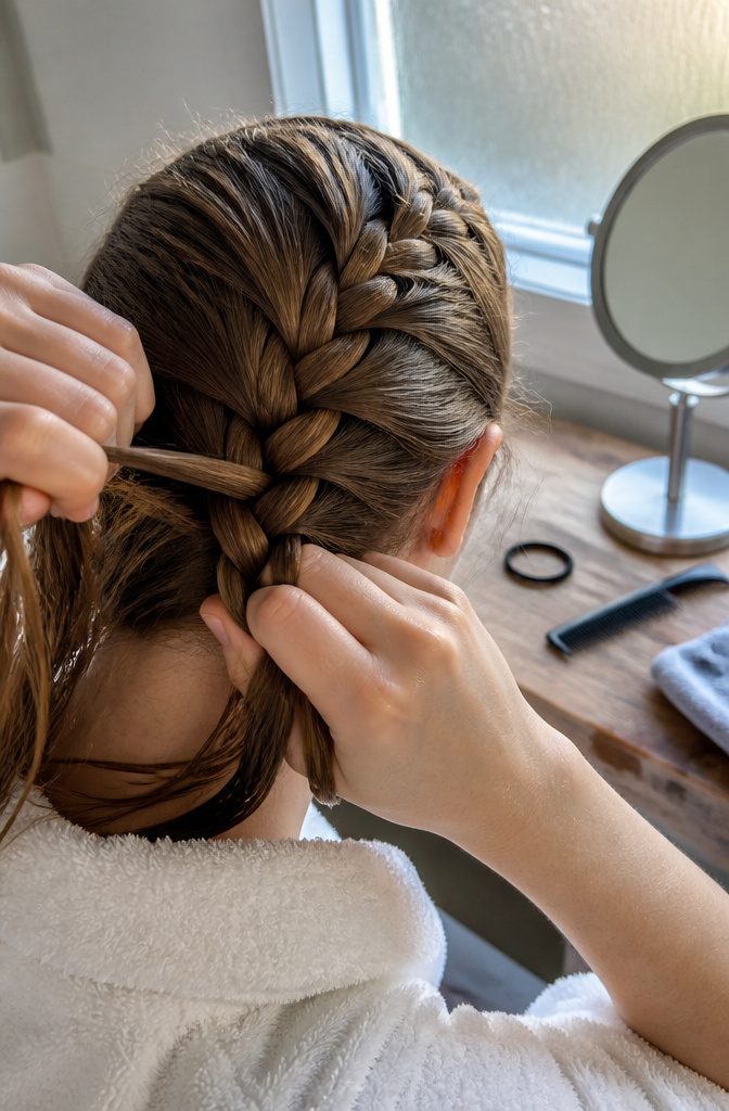 Fingers adding loose scalp hair to an outside strand near the head