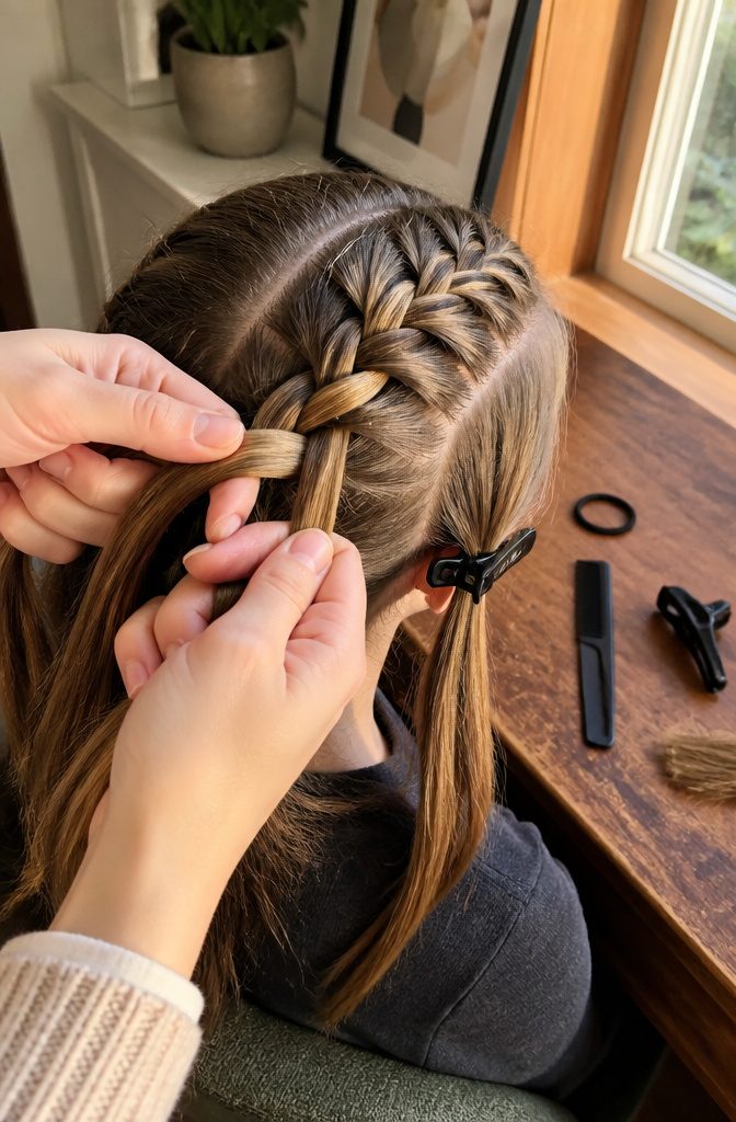 Three hair strands crossed near the scalp with fingers holding the braid
