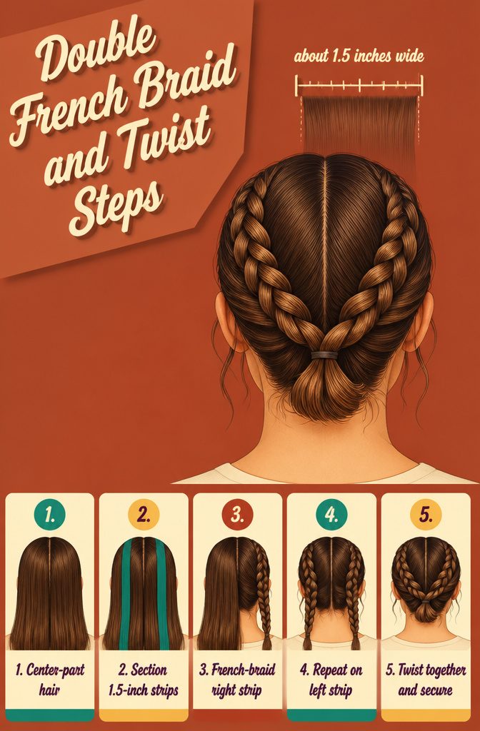 Two braids from either side of a center part twisted together at the back