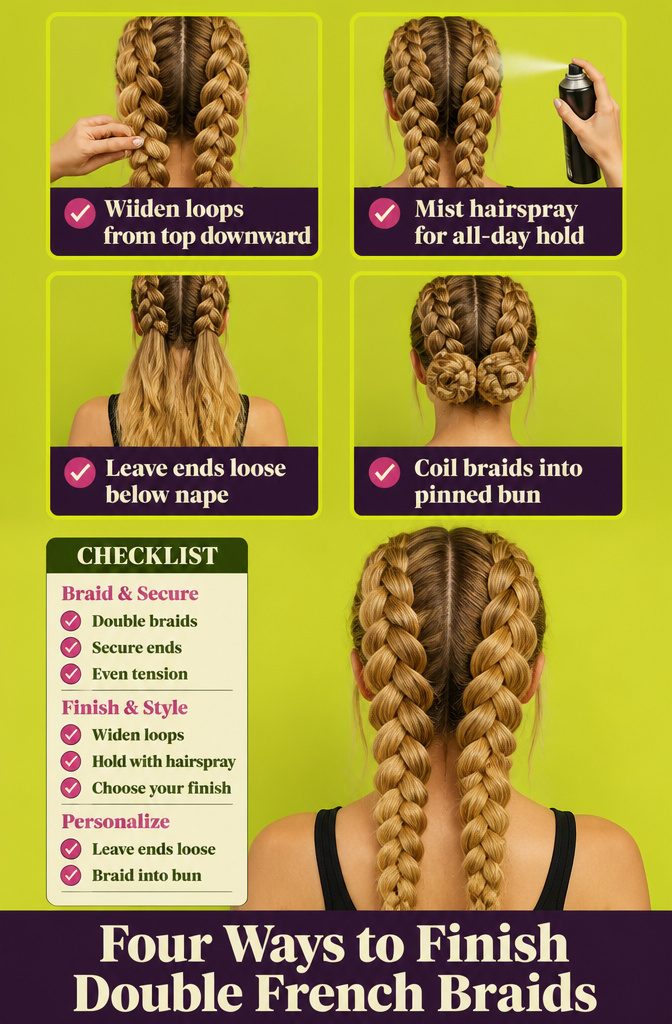 Fingers widening the outer loops of two finished French braids