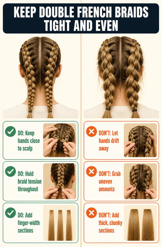 French braid held close to the scalp with fingers adding a small hair section