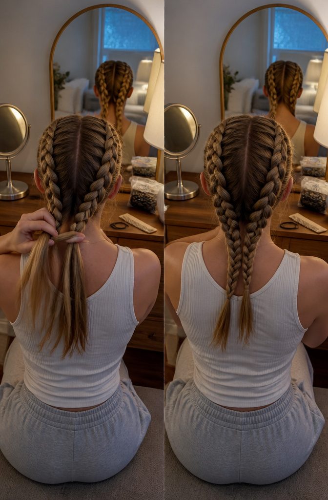 Hands braiding the second side of the head to match the first braid