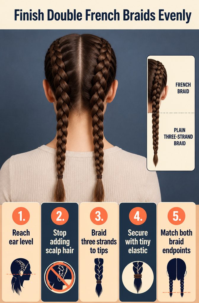 Two finished braids secured at matching points with small hair elastics