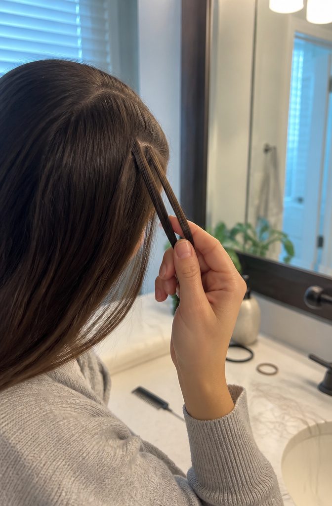 Brown hair at the temple divided into three strands and held by fingers
