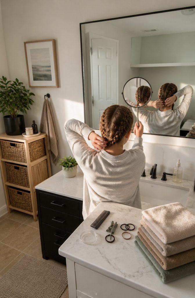Person using a handheld mirror behind their head beside a large mirror