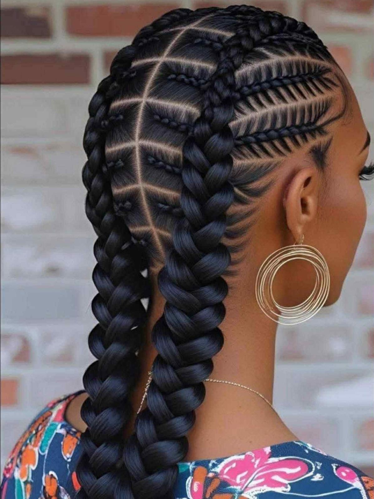 Black cornrows feed into two thick braids on a person wearing a gold earring