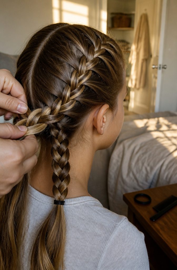 Three hair strands crossing while new hair joins from both sides
