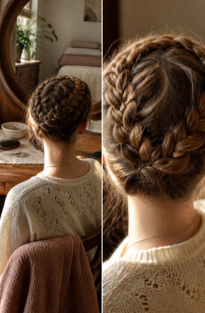 French braid pigtails gently loosened for a fuller appearance