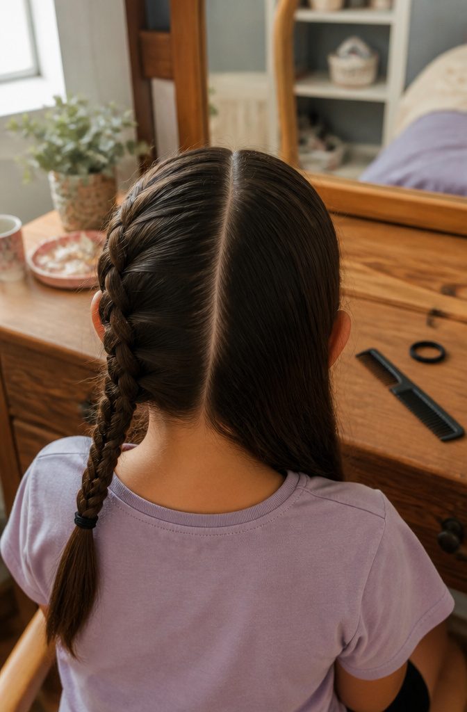 Dark brown hair parted down the center with one side tied back
