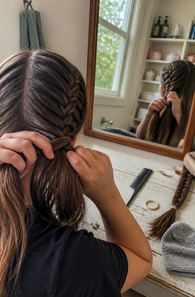 Hands holding three hair strands while practicing a braid near a mirror