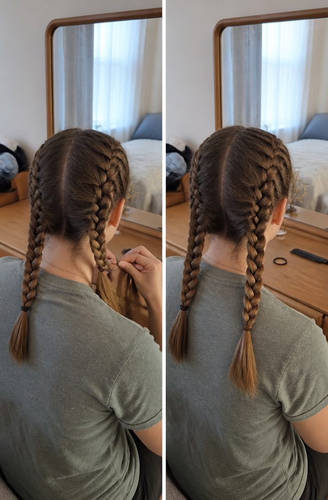 Finished braided pigtail tied off beside the sectioned remaining hair