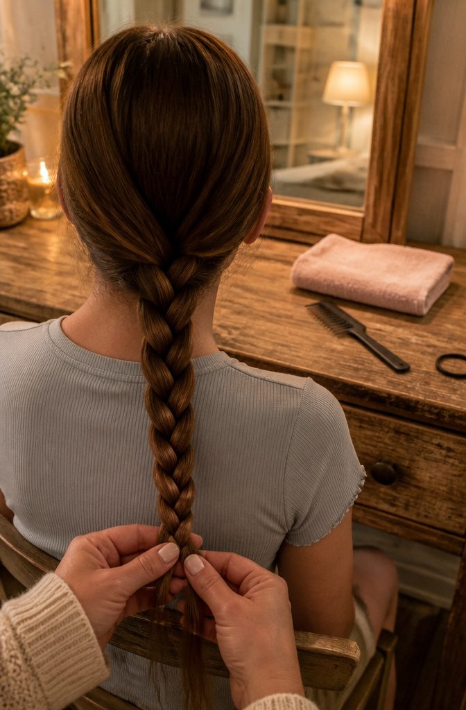 Three-strand braid continuing from the nape without added hair