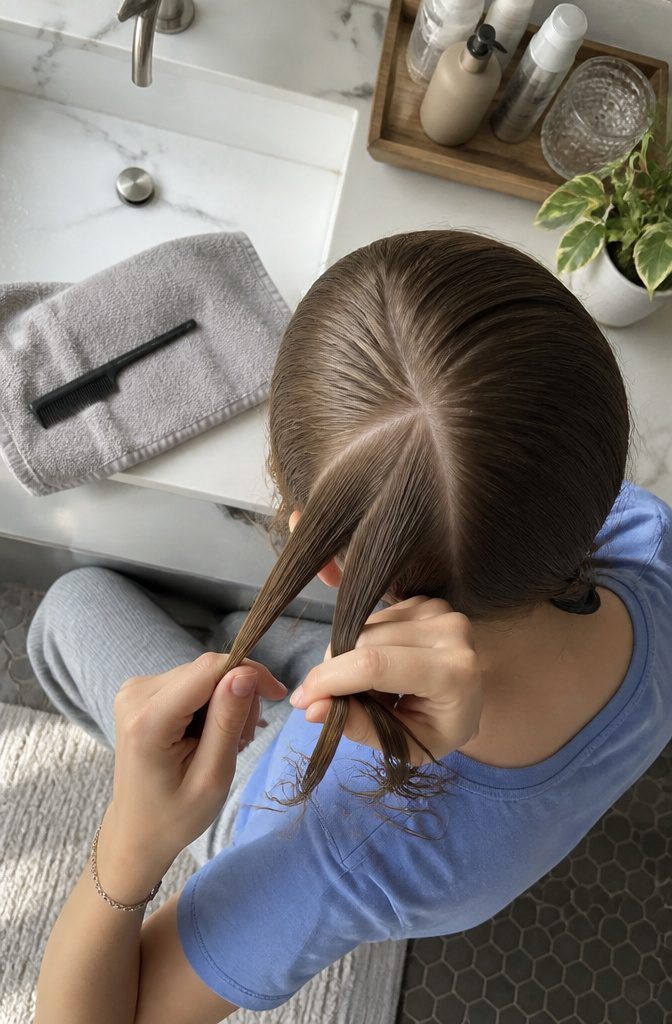 Small triangular hair section divided into three strands near the crown