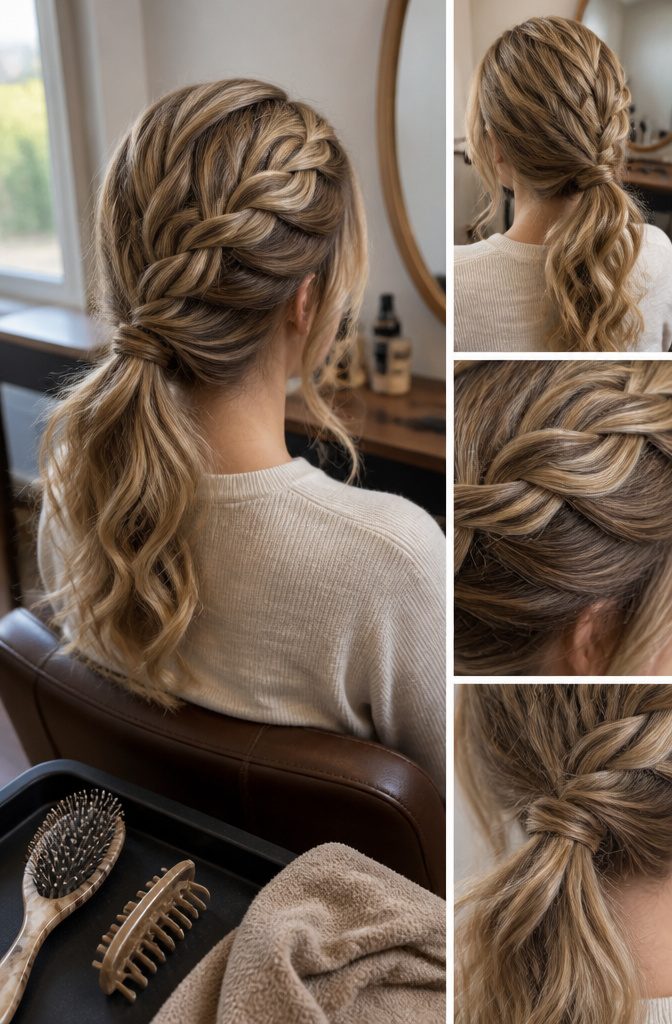 French braid ponytail showing its placement and finished style
