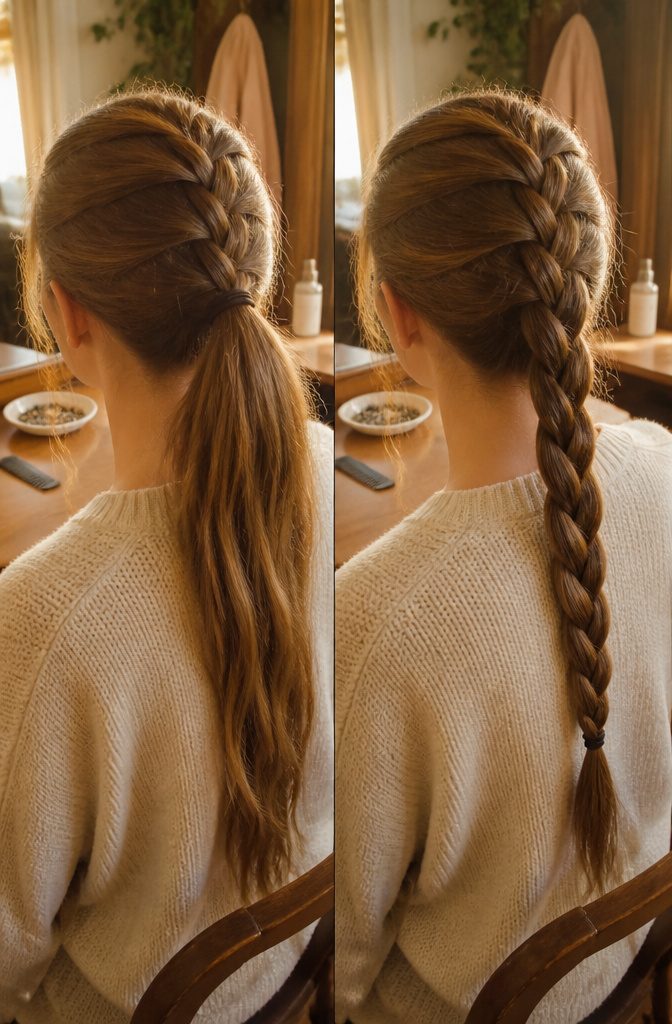 Ponytail with a braided section and hair wrapped around its elastic
