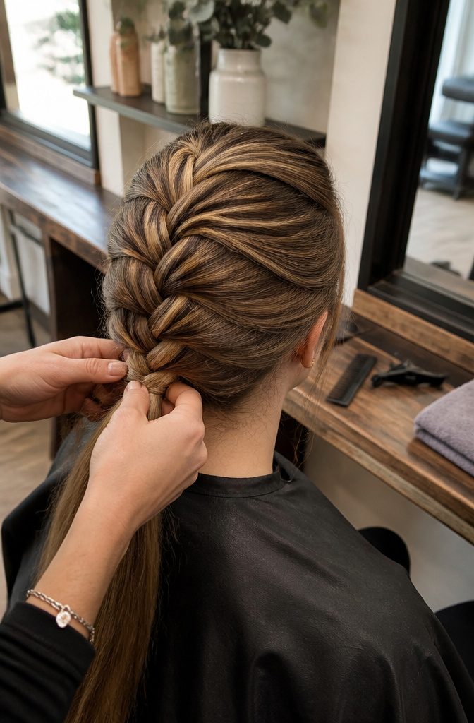 French braid widening from the crown and running behind the ear