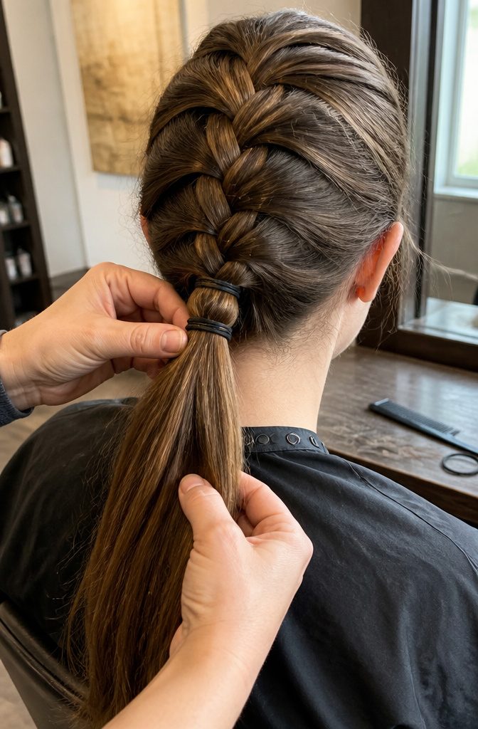 Braided section gathered with loose hair into a ponytail
