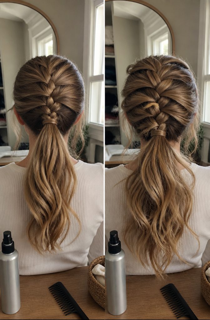 Loosened French braid above a textured ponytail