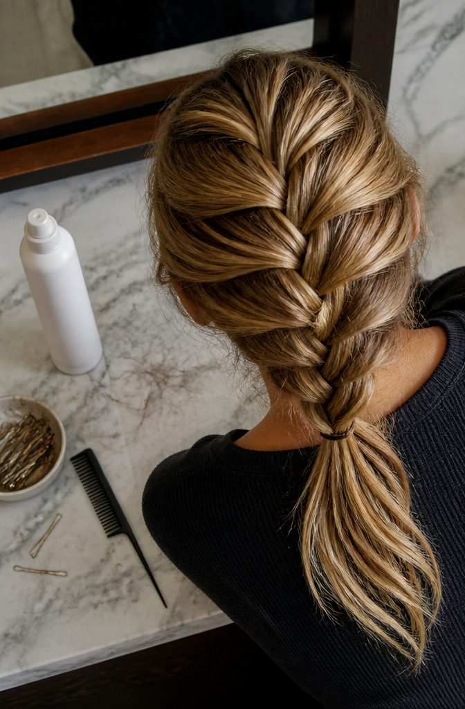 Finished French braid ponytail styled with Bumble and Bumble Dryspun Finish