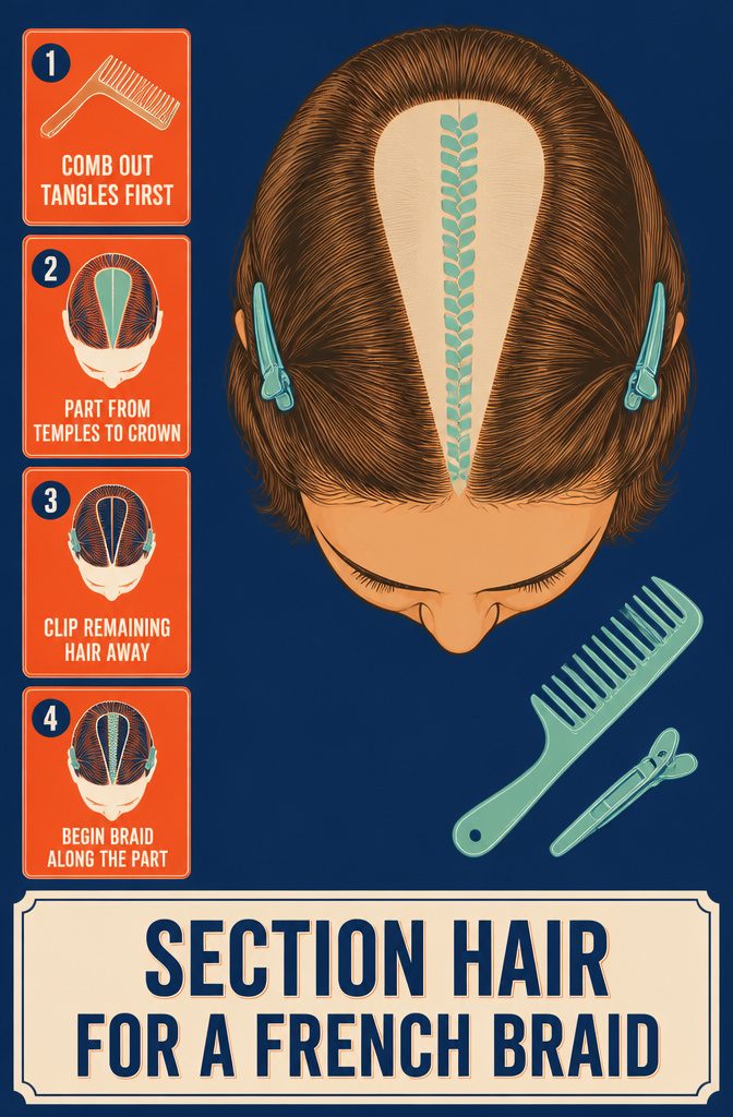 Hair section parted from the temples toward the crown