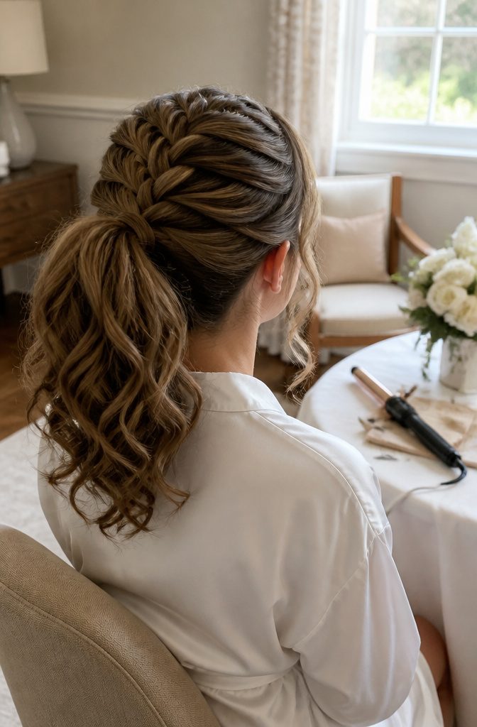 Shoulder-length hair with a crown braid and loose curled ponytail