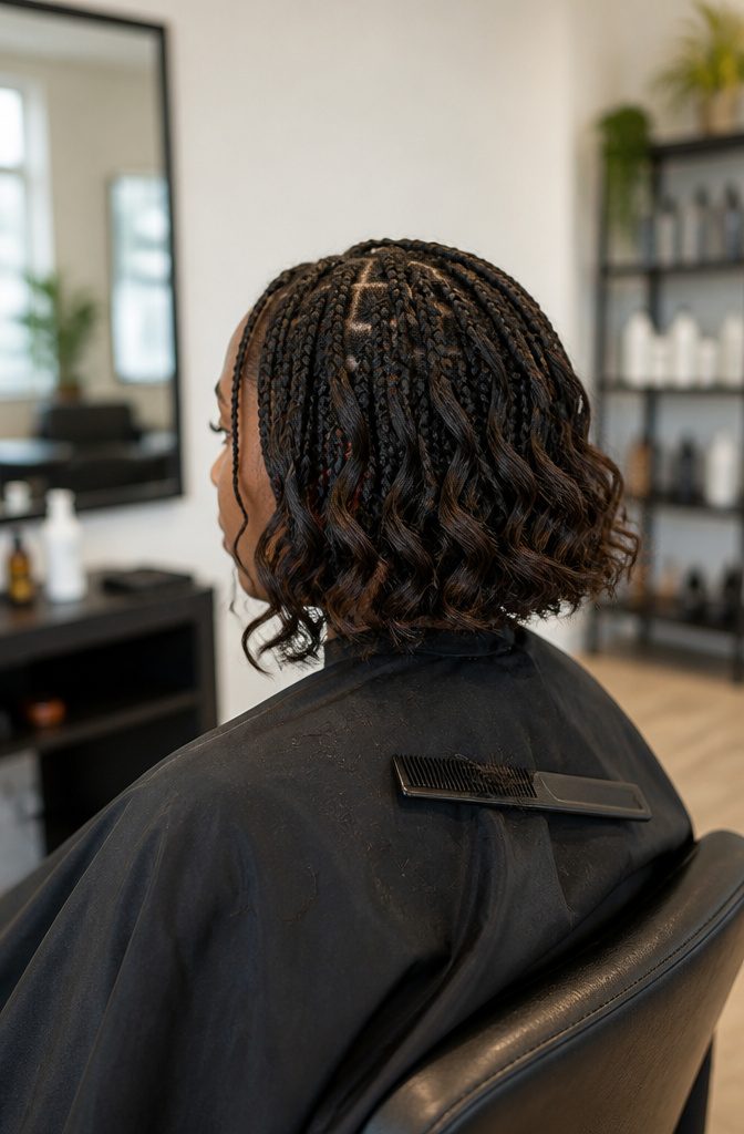 Short curly braids ending near the chin and jaw