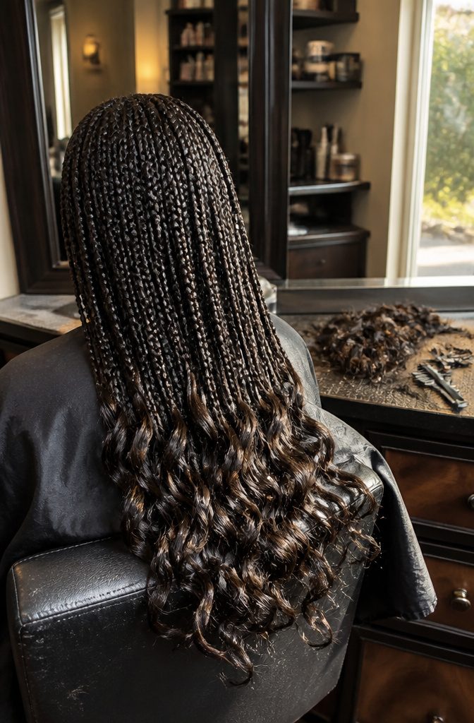 Medium braids ending in loose curls down the back
