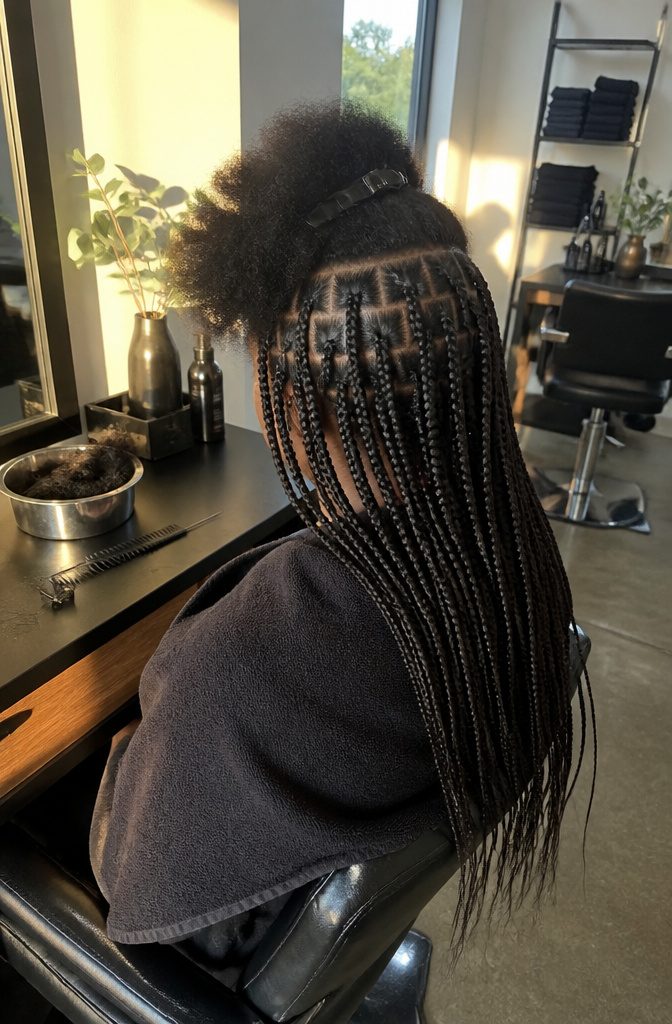Client showing separate braids with square scalp parts
