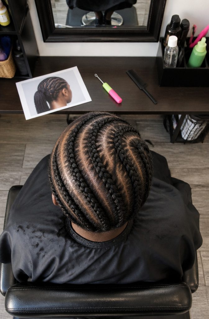 Flat cornrow base prepared for crochet styling