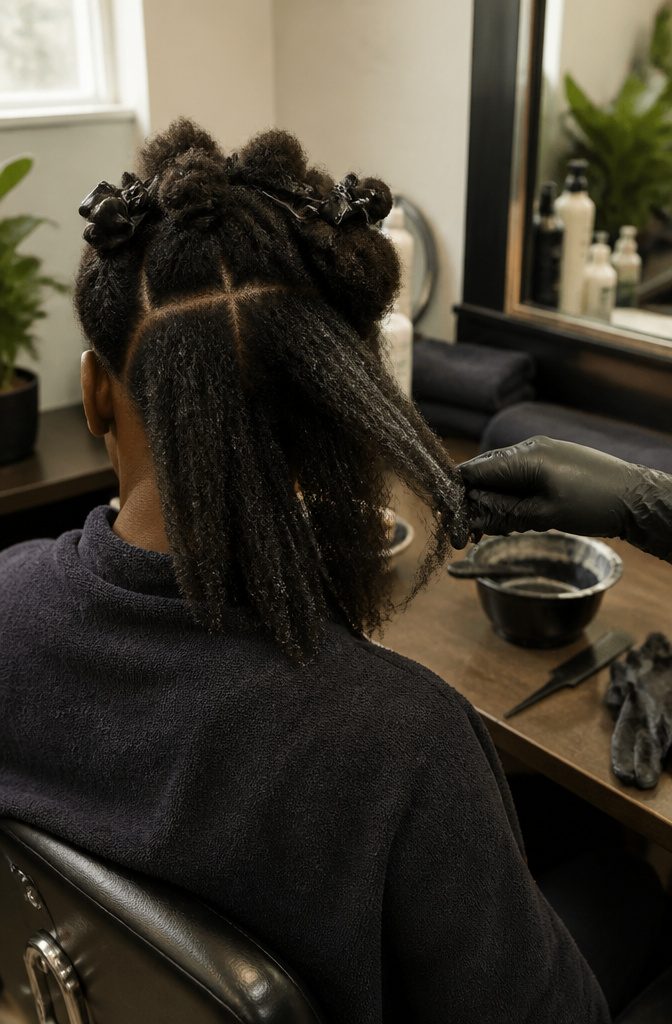 Client with freshly processed hair separated into clean sections