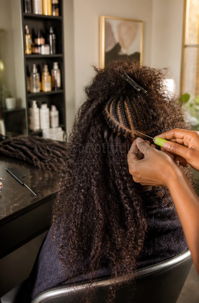Loose extensions attached beside exposed cornrowed base