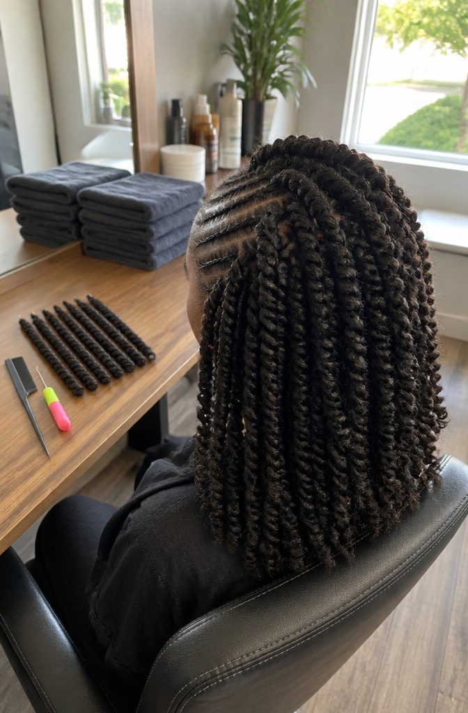 Pre-styled twists attached to visible cornrowed base