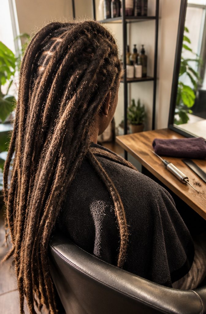 Natural dreadlocks hanging in separate sections down back