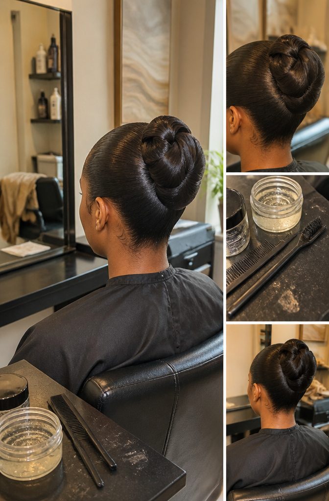 Stylist creating sleek updo with smoothed edges