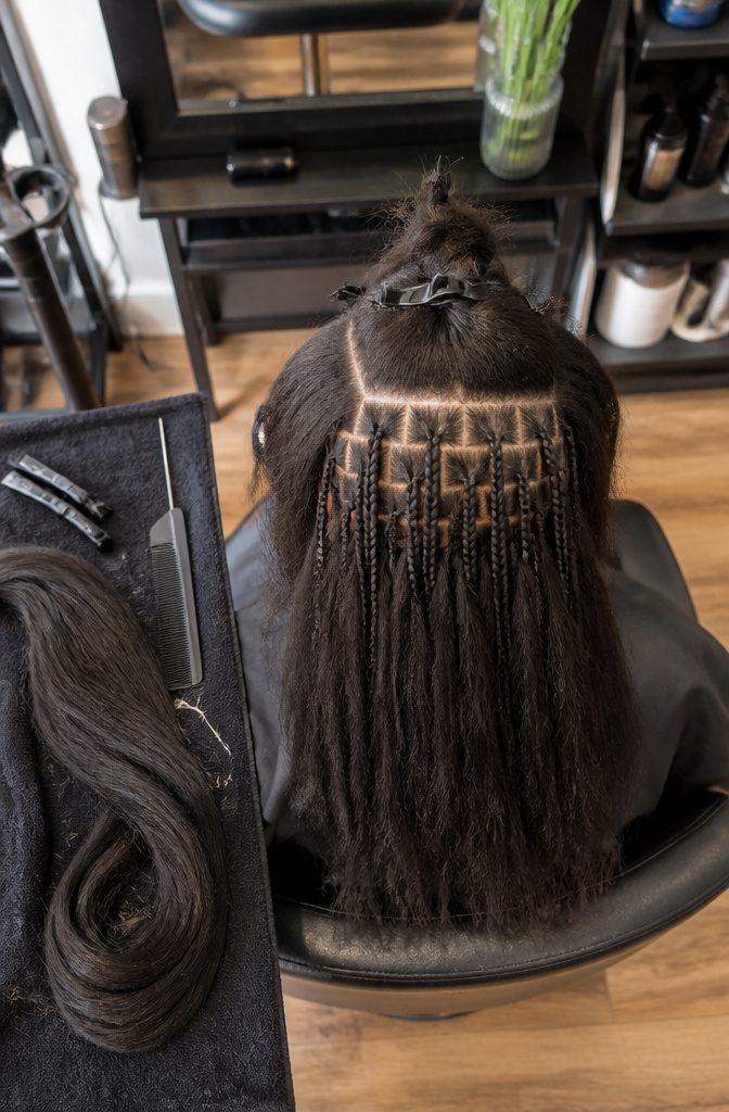 Extension hair being attached to sectioned natural hair
