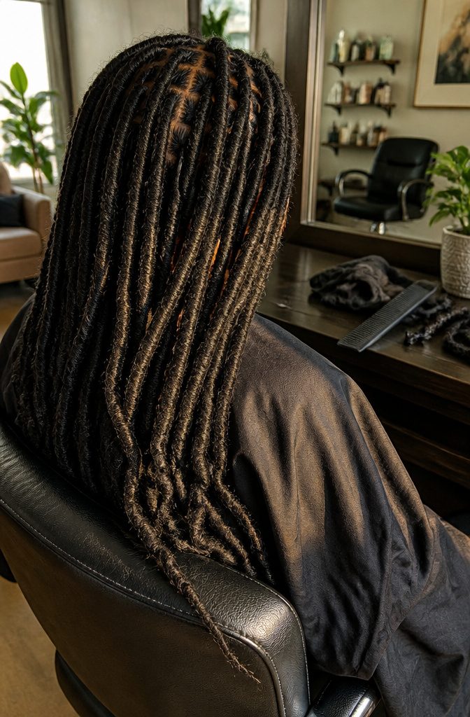 Client wearing long faux loc extensions down the back
