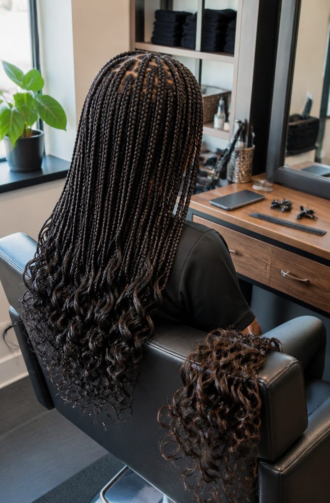 Medium braids with curled ends and clear scalp parts