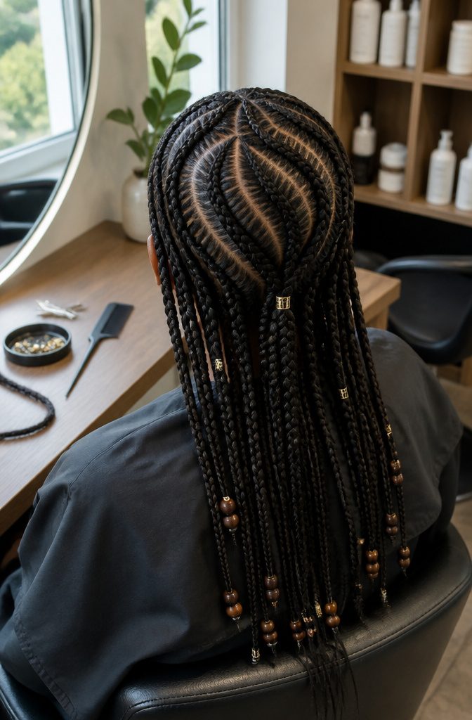 Medium Fulani braids forming a patterned scalp design