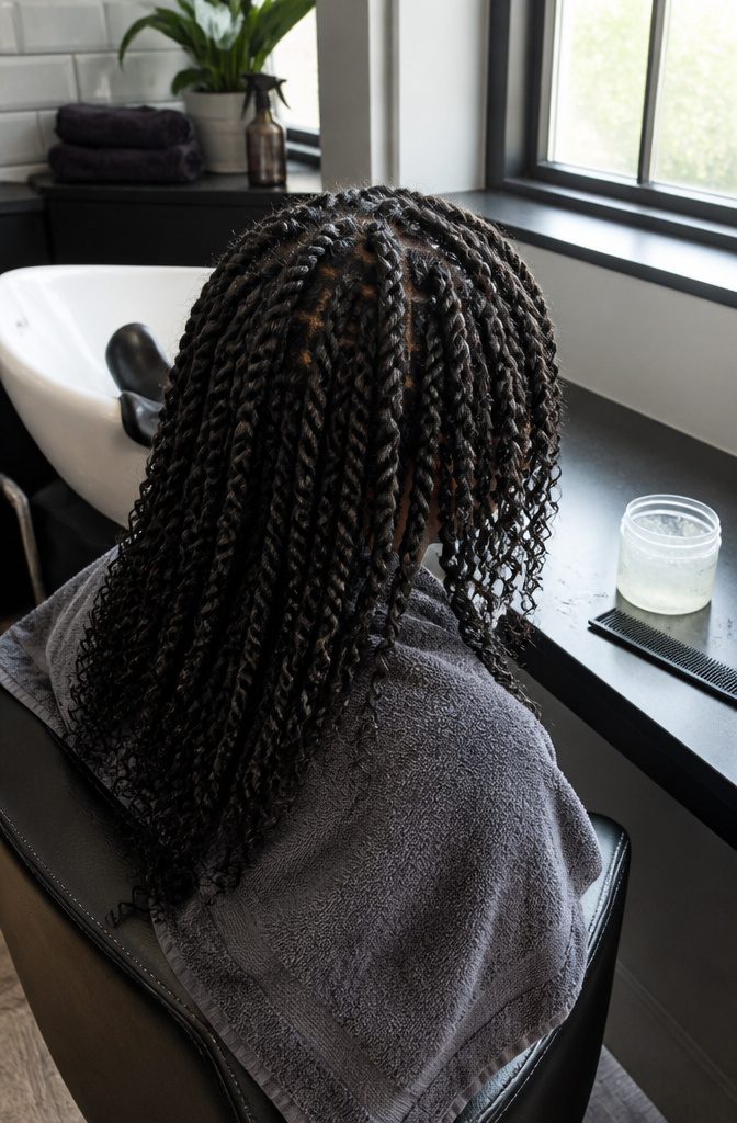 Damp natural hair divided into individual twists