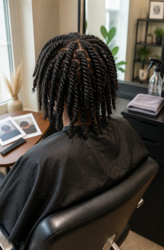 Client showing natural hair twists with textured ends