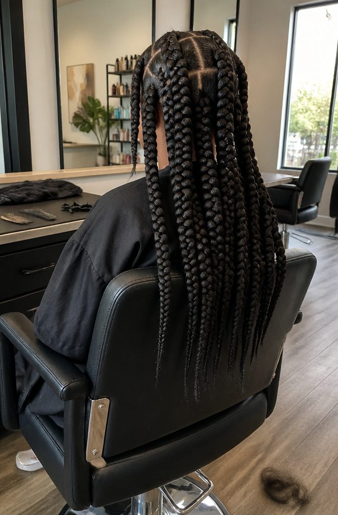 Client wearing chunky braids with large visible parts