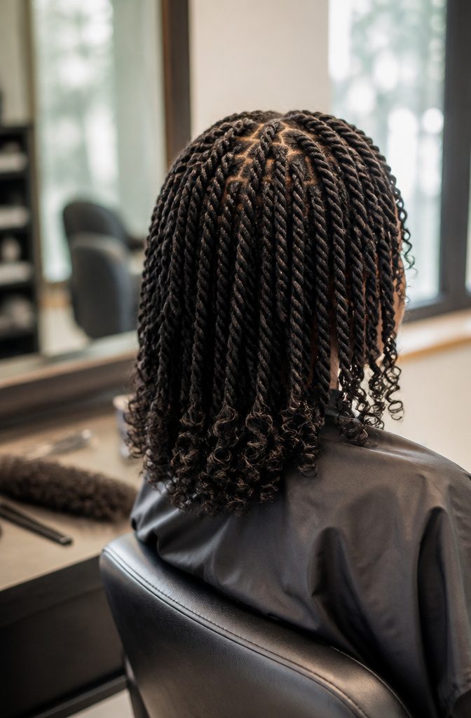 Shoulder-length twists with curled ends