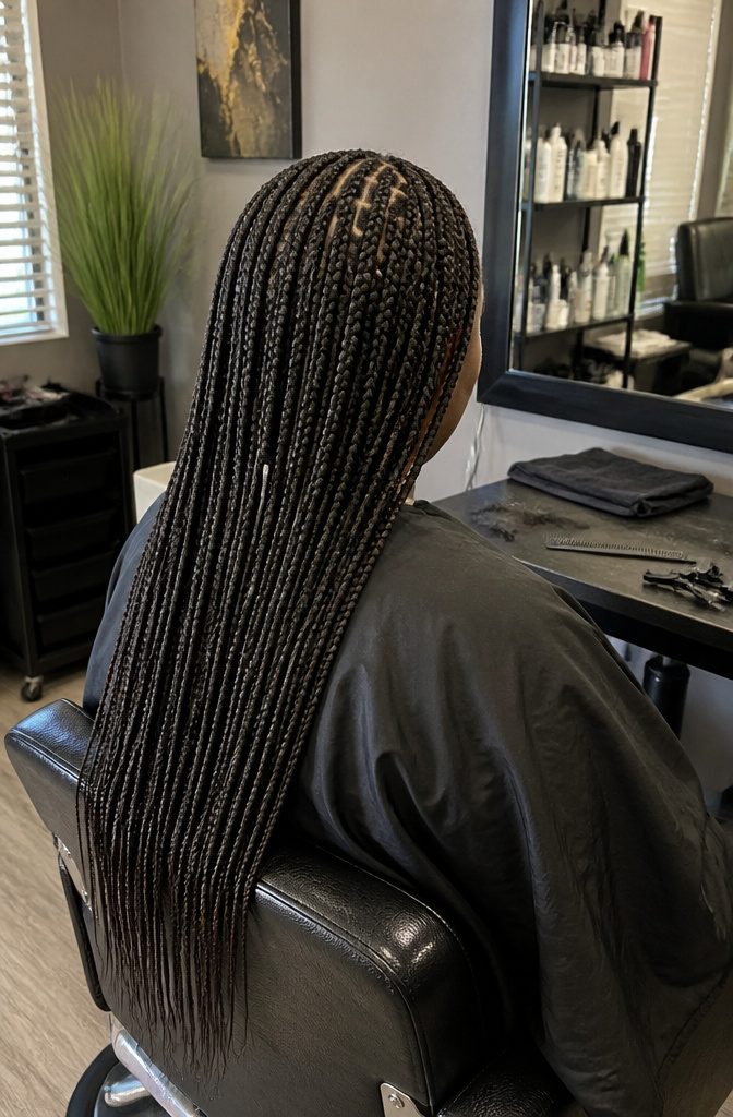 Client seated in salon with hair sectioned for braiding