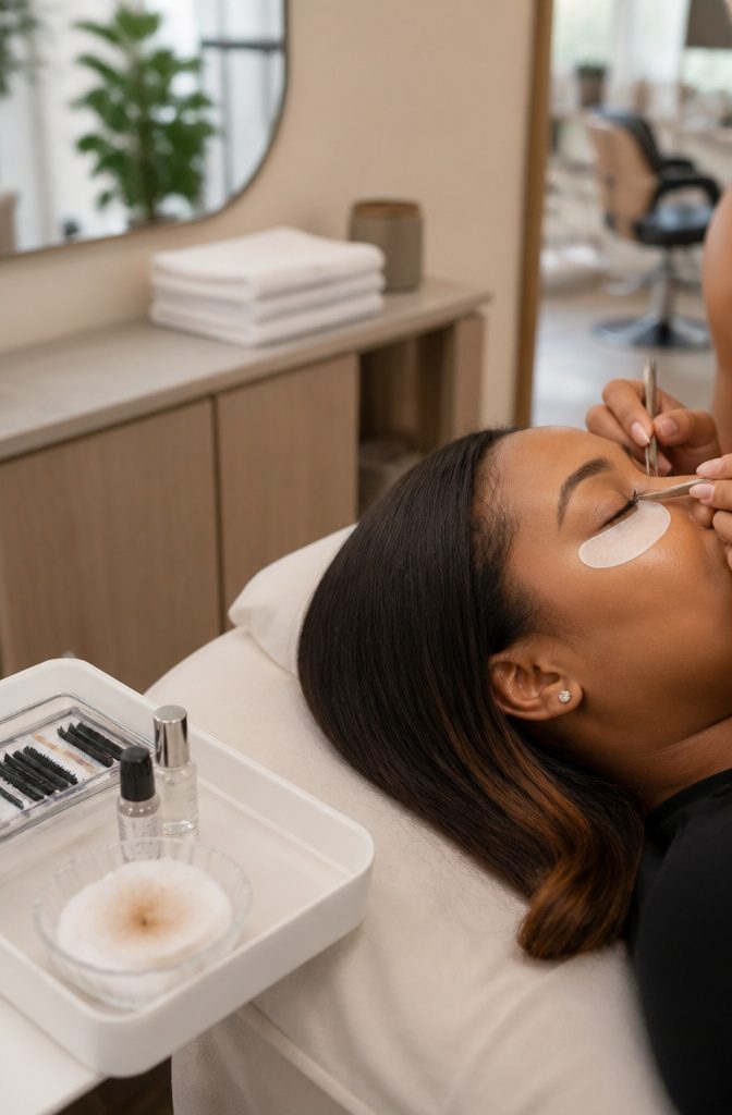 Beauty professional applying makeup near client’s eyes