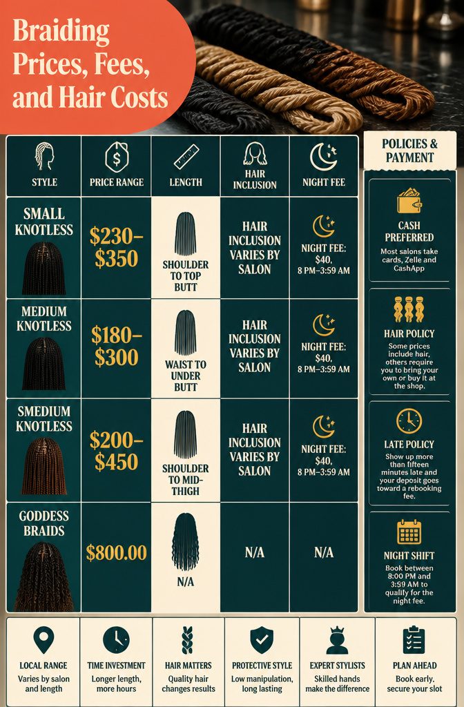 Information graphic showing braid prices hair costs and night fees