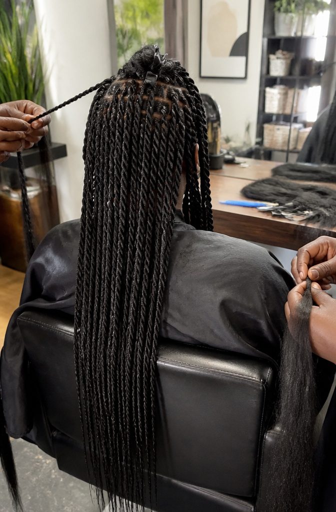 Waist-length smooth twists hanging down the client’s back