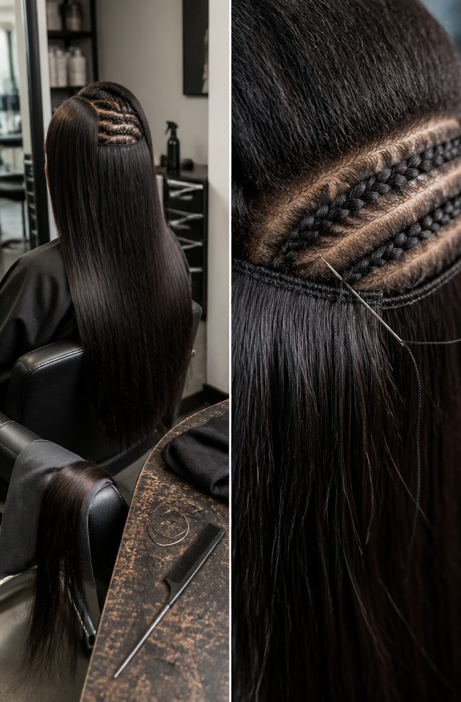 Sew-in wefts attached to braided cornrow base